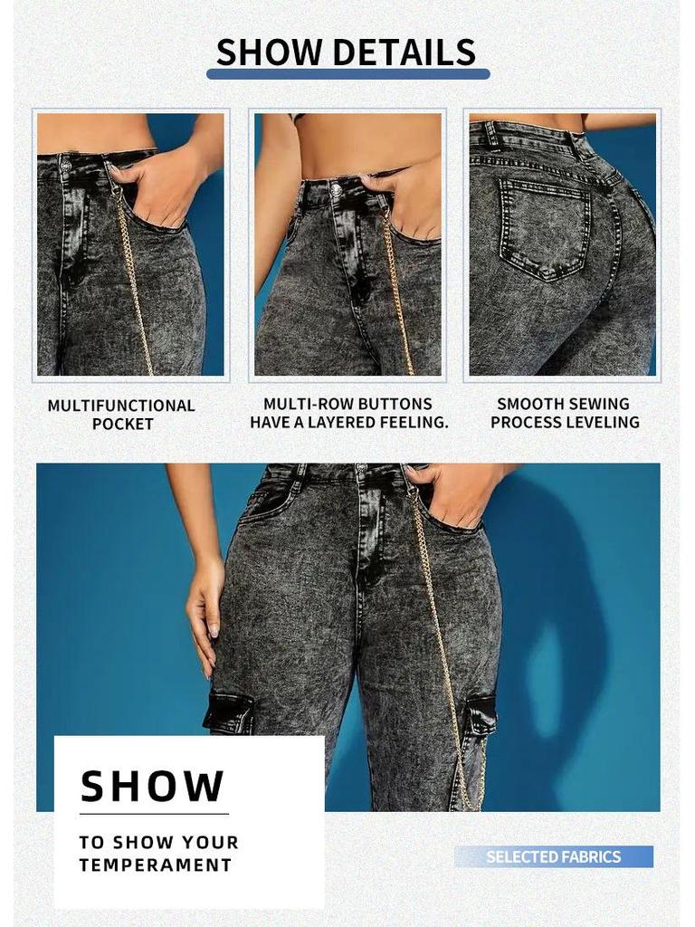 European & American Fashion Multi-Pocket High Elastic Denim Chain Work Pants