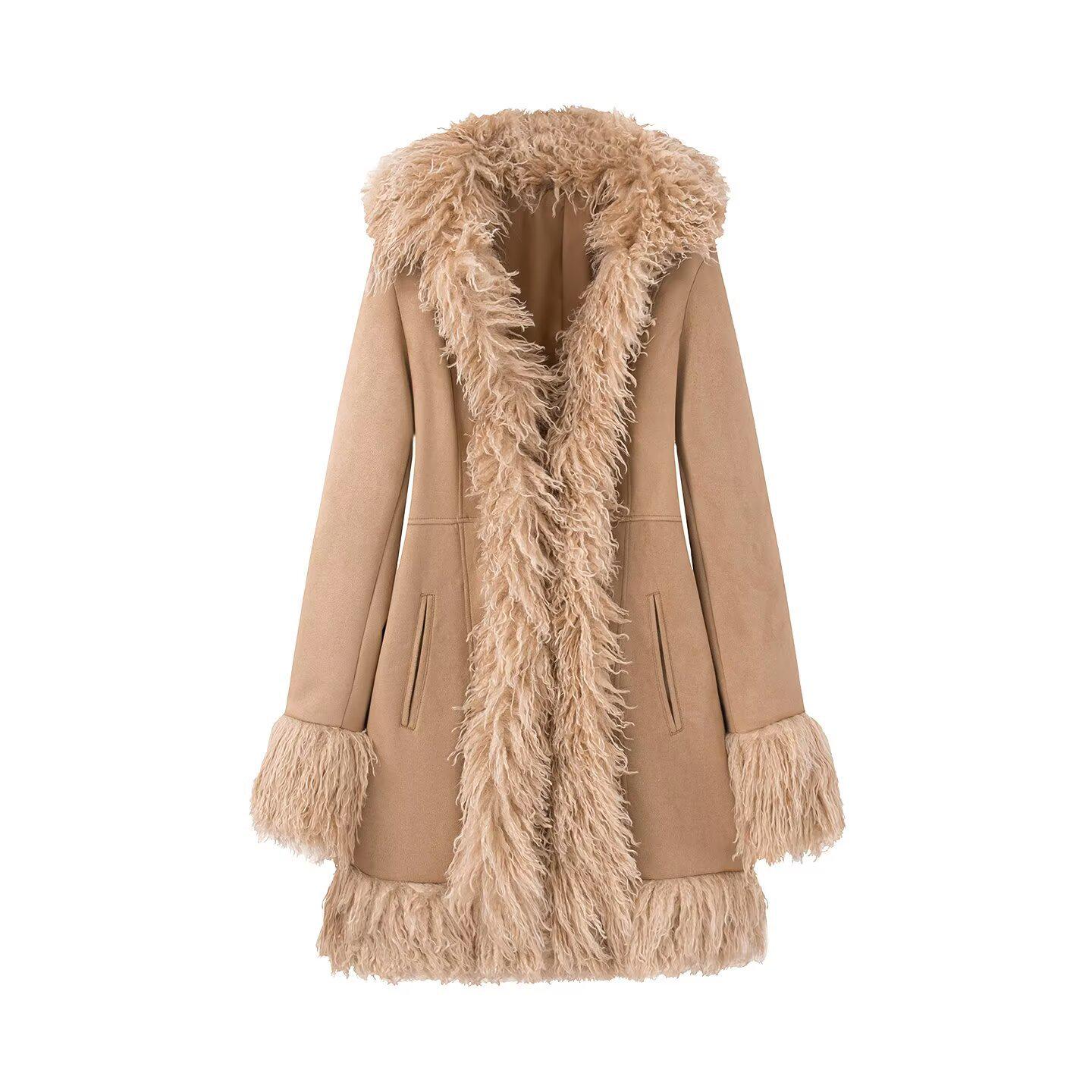 Women s Fashion Suede Fur Patchwork Lapel Jacket - European & American Style Small