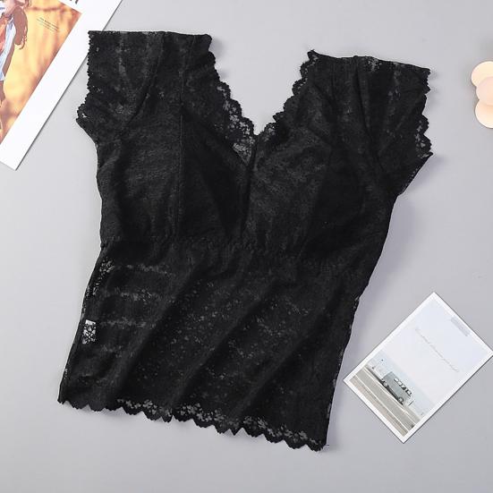 Women Lace Top Mesh Sheer Short Sleeve V Neck Undershirt with Padded Bra Floral
