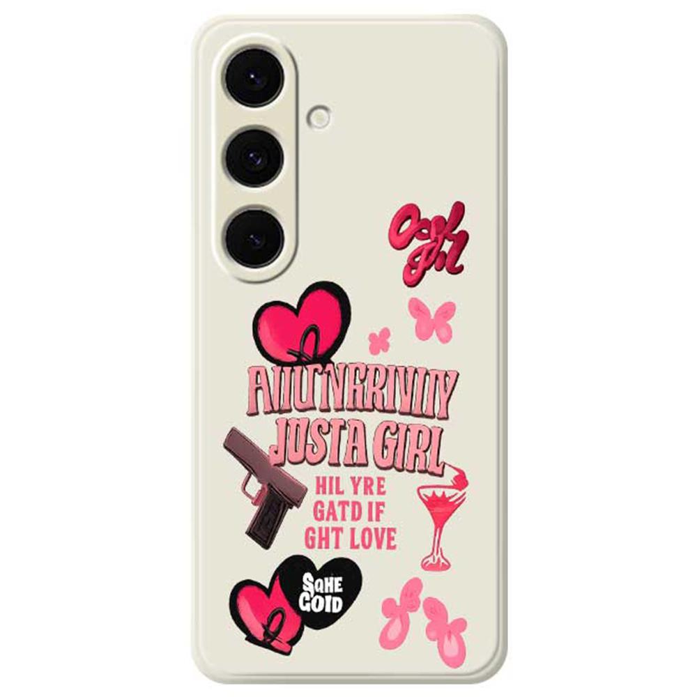 

For Samsung Galaxy S24 FE Case Pink Elements Pattern Printing Straight Edge TPU Phone Back Cover Beige