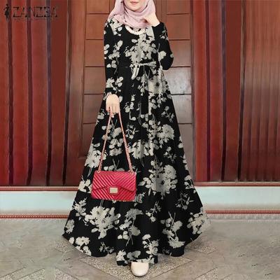 Women Casual O-neck Printing Long Sleeve Maxi Dress
