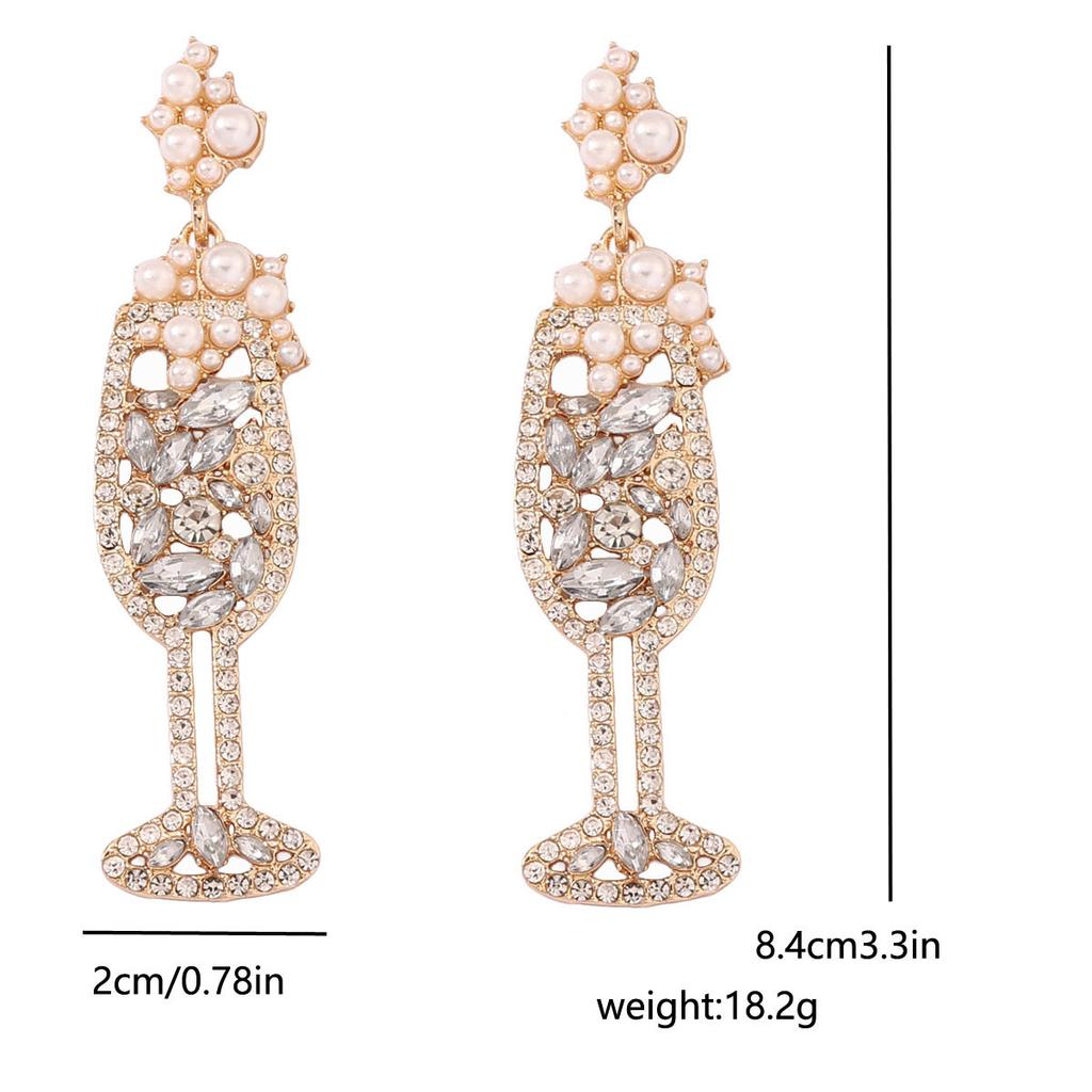 Exaggerated rhinestone pearl fashion personality large version champagne cup earrings earrings European and American new earrings