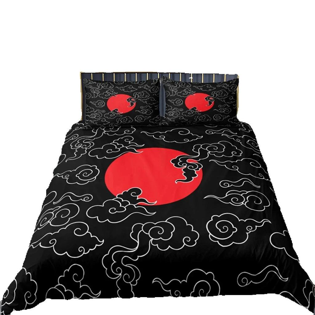 Japanese Style Print Bedding Set Luxury 3D Samurai Bedding Sunset Duvet Cover Sunset Scenery Polyester Duvet Cover Men Black Red
