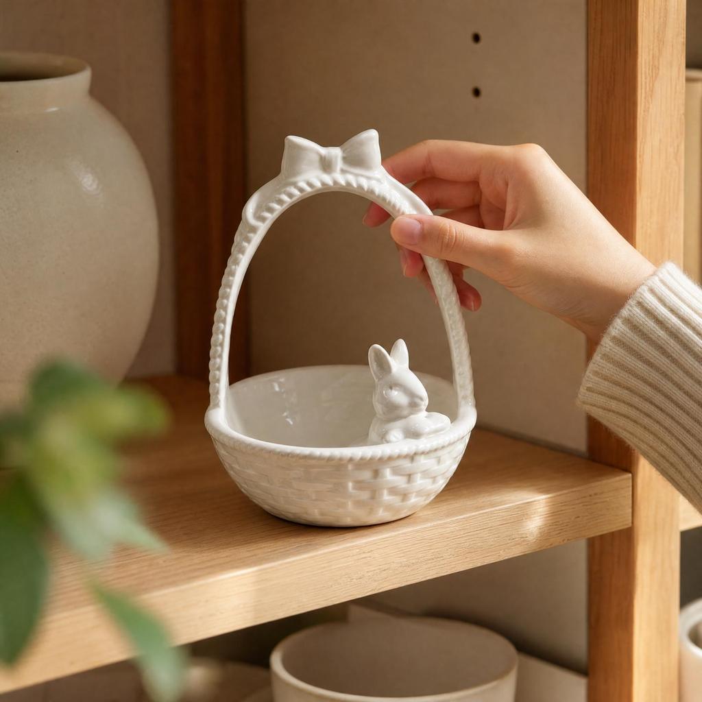 Rabbit Ceramic Storage Basket Compact for Shelf