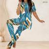 Women Plus Size Printed Two Piece Set Round Neck Short Sleeve Longline Top Fitted Pants Green Blue White