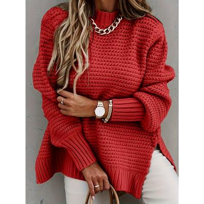 Women's Elegant Long Sleeve High-Low Hem Mock Neck Sweater - Soft, Cozy, and Versatile for Fall & Winter