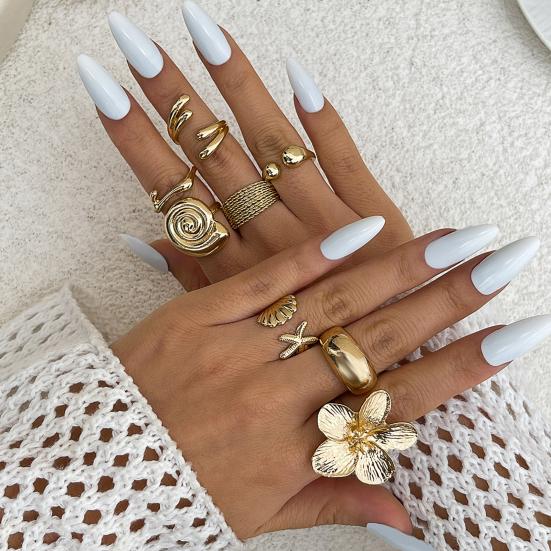 Ocean Theme Rings Set, Adjustable Stackable Finger Rings, Retro Distressed Bohemian Rings, for Beach Vacation Accessories