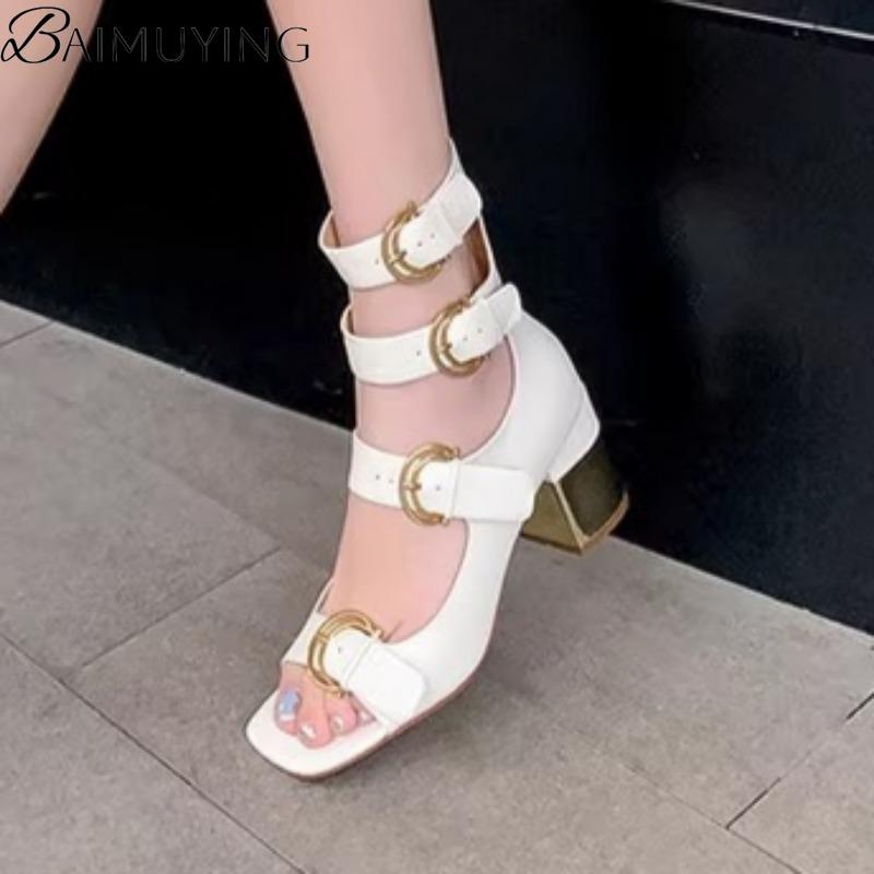 Fashion Women Square Toe Heeled Sandals Buckle High Heels Shoes Woman Summer 2025 Fashion Dress Open Toe Pumps Shallow Chunky Sandalias