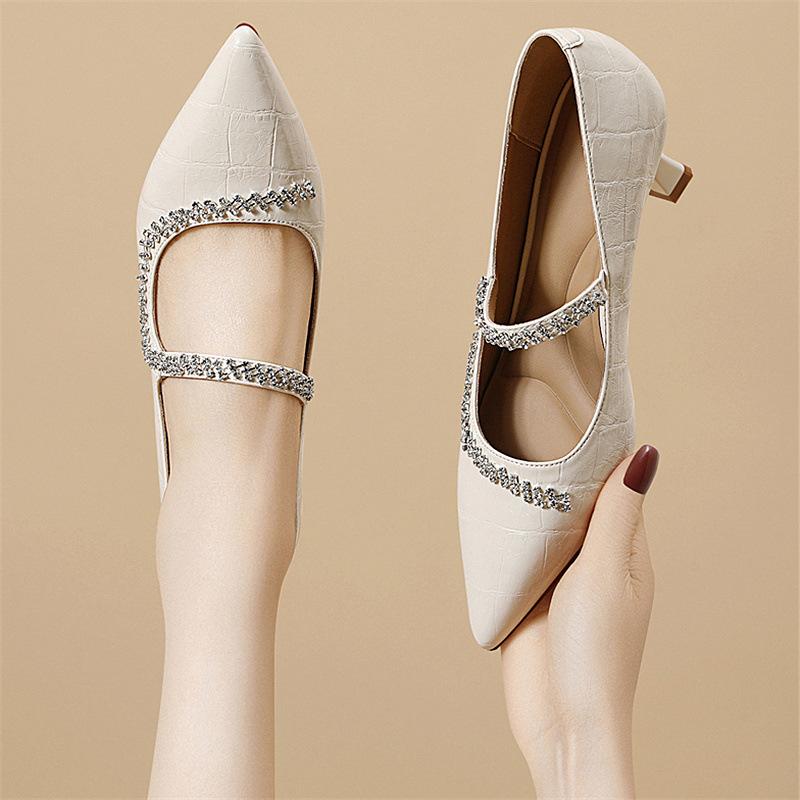 French pointed women's shoes fairy wind early spring single shoes female temperament thin heel rhinestone light luxury high heels