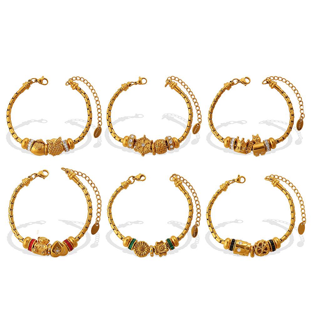 Gold adjustable bracelet with diamond decorative beads, exquisite retro style daily versatile jewelry