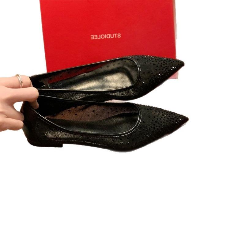 Hair~ Elegant small pointed tip breathable mesh rhinestone versatile shallow mouth single shoes women