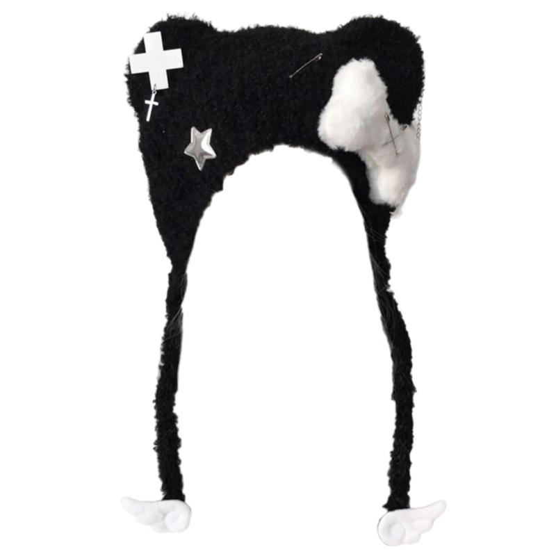 Bear Ear Knitted Hat Punk Crossed Winter Hat Soft Furry Knitted Snow Hat for Women Outdoor Activity Travel