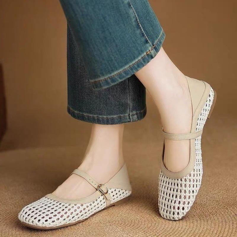 Fashion Woven Cutout Flat Single Shoes Women's Summer New Square Toe Shallow Mouth One Strap Soft Sole Mary Jane Sandals