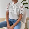 Women's Summer Bow Tie Neck Satin Blouse 3D Floral Mesh Short Sleeve Solid Color Elegant Commuter Office Casual Shirt Top