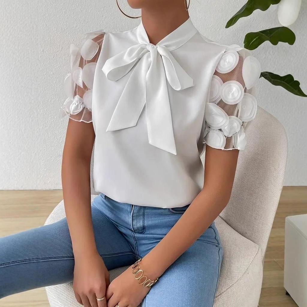Women's Summer Bow Tie Neck Satin Blouse 3D Floral Mesh Short Sleeve Solid Color Elegant Commuter Office Casual Shirt Top
