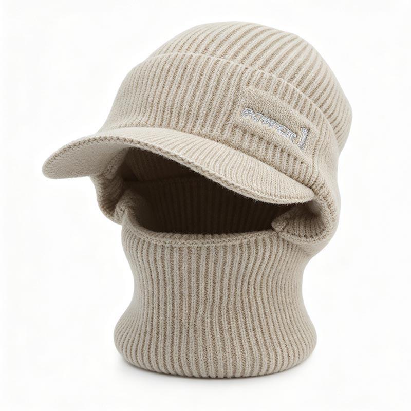 Winter men's integrated knitted hat with brim scarf face protection pullover hat outdoor cycling warm middle-aged and elderly wool hat