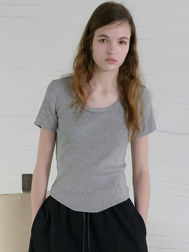 Elssibeui Scoop Neck Rib Knit Top_Gray