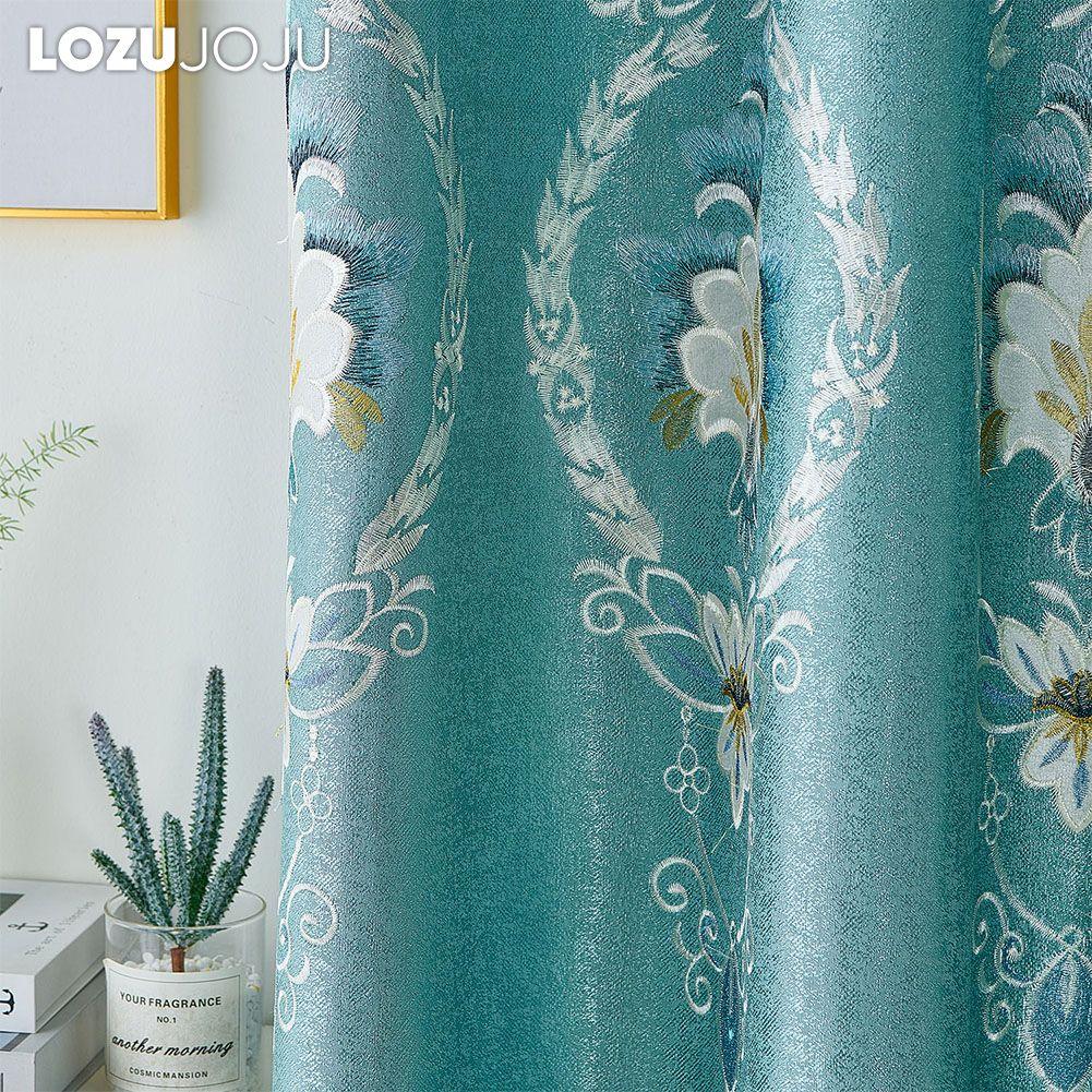 1PC Exotic Luxury Semi Blackout Blue Embroidered Blackout Curtains for Living Room Bedroom Home Decor LOZUJOJU