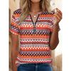 Directional Casual Zipper V-neck Short-sleeved Printed T-shirt with High Elasticity