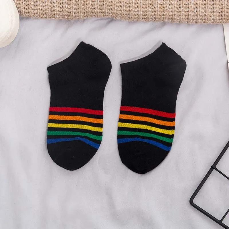 Harajuku Cute Rainbow Ankle Socks Ladies Funny Kawaii Color Yellow White Black Cotton Socks Girls
