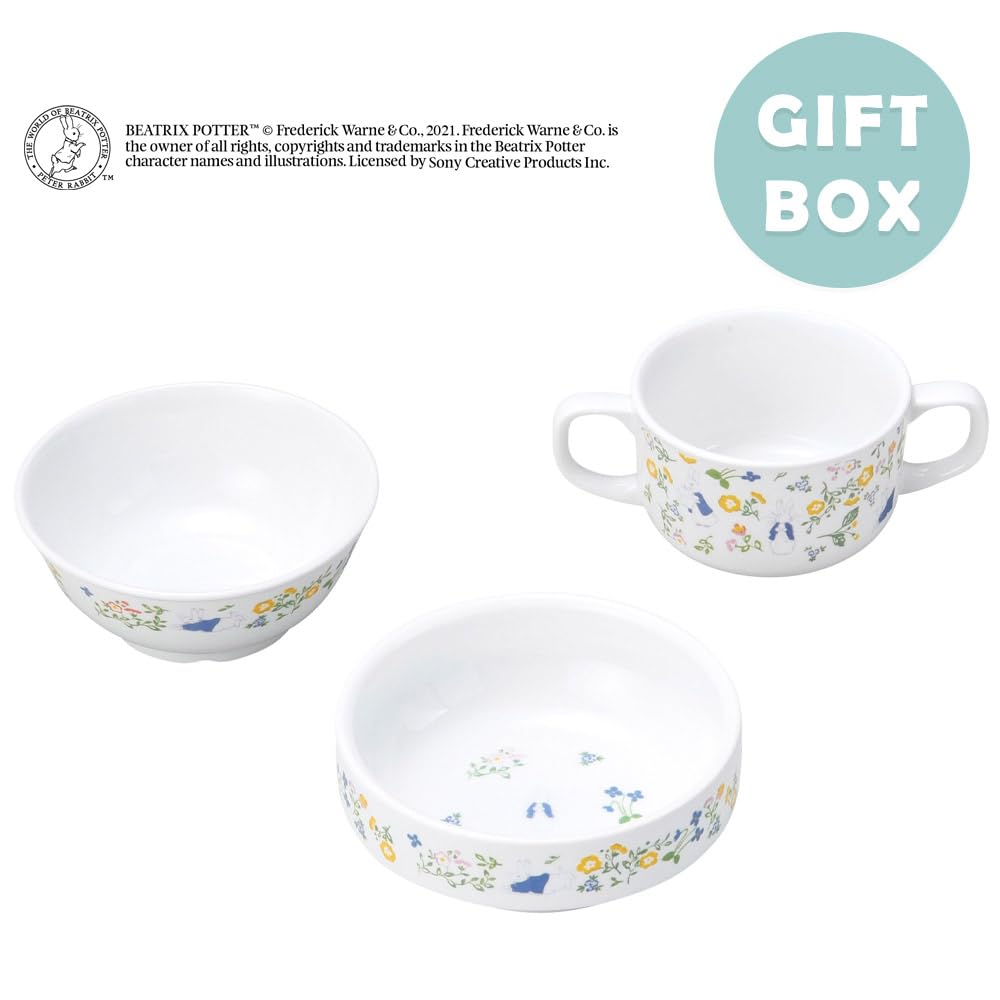 OGISO Peter Rabbit Natural Garden 3-Piece Reinforced Porcelain Dishware Set (Dishwasher and Microwave Safe)