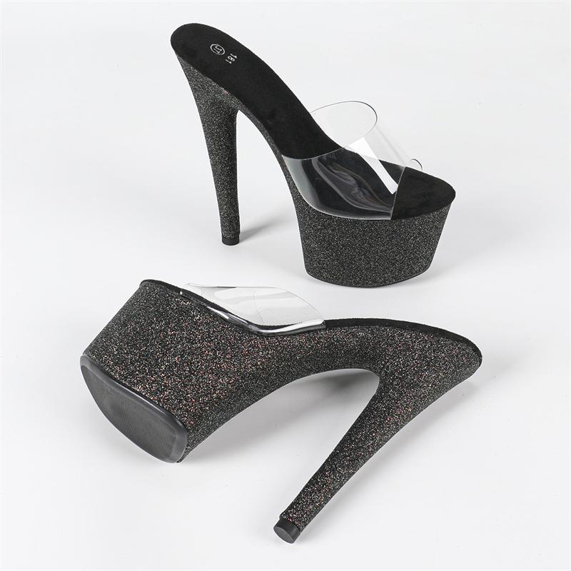 Eilyken Street Style Sequin Cloth PVC Transparent Open Toe Women Slippers Stiletto Heels Nightclub Fashion Stripper Mules Shoes