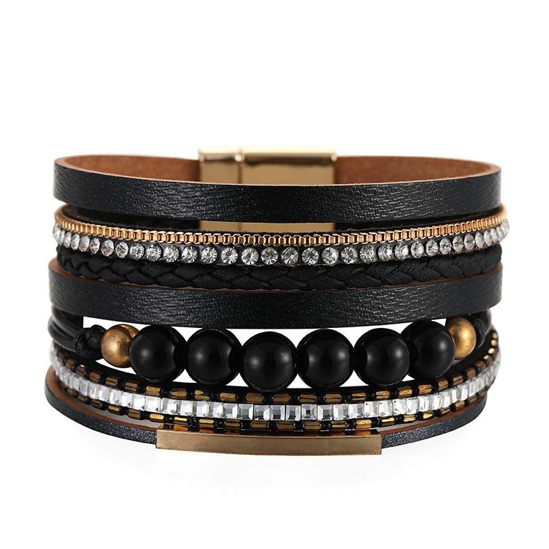 Bohemian Retro Multilayer Women Glass Drill Leather Magnetic Buckle Bracelet