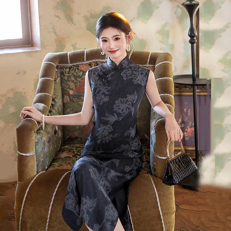 Black and Gray Sleeveless Republic of China Style New Chinese Long Cheongsam Improved Young 1011 New Women's High-end Summer