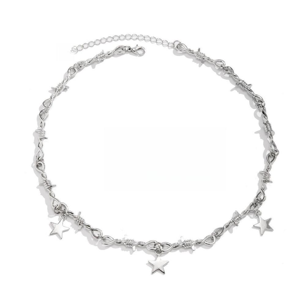 Hip Hop Personality Sliver Color Star Tassel Pendant Thorns Knot Chains Necklace for Women Men Fashion Y2k Collar Chain Jewelry