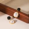French Light Luxury Vintage Round Stud Earrings, Designer Obsidian Semi-circle Pearl Drop Earrings