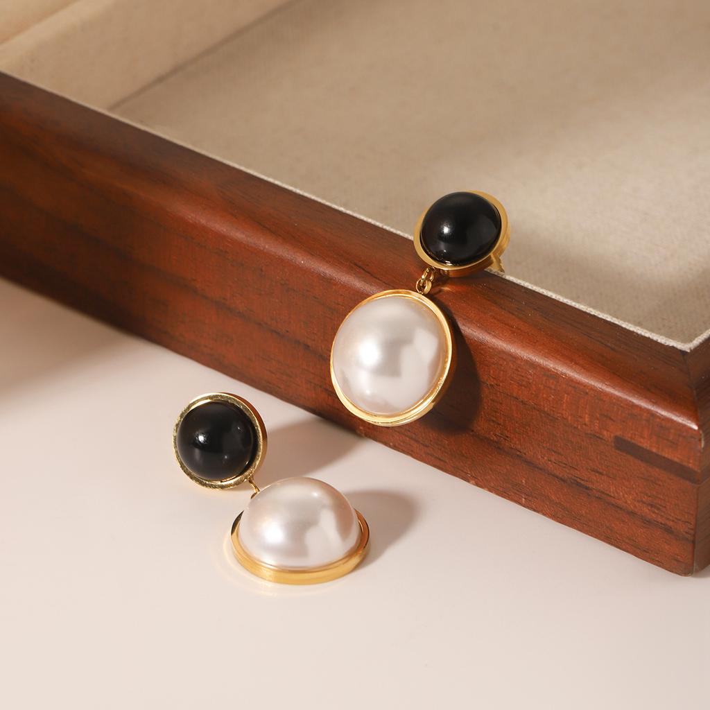 French Light Luxury Vintage Round Stud Earrings, Designer Obsidian Semi-circle Pearl Drop Earrings