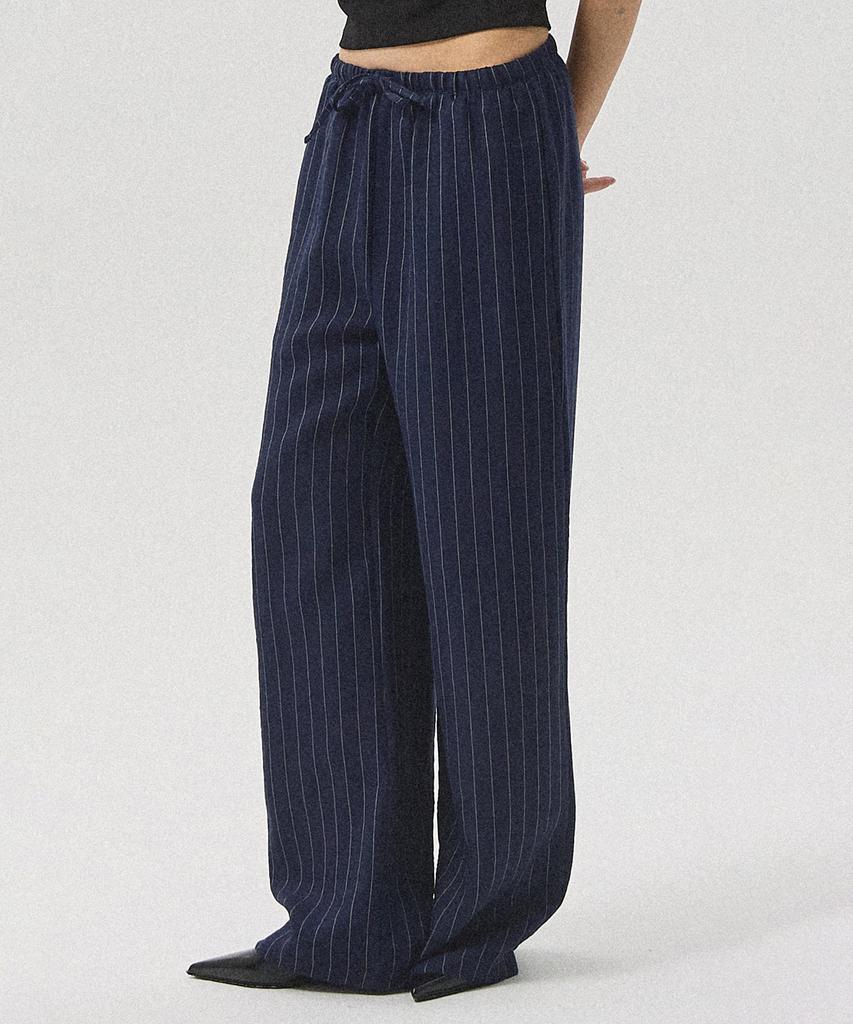 Aheule Sero Linen-Like Stripe Banding Wide Straight Pants_Navy
