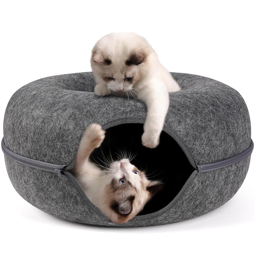 Gemütliches Filz-Donut-Katzenbett mit Reißverschlusstunnel   Doppellagiges Haustiernest für Kätzchen