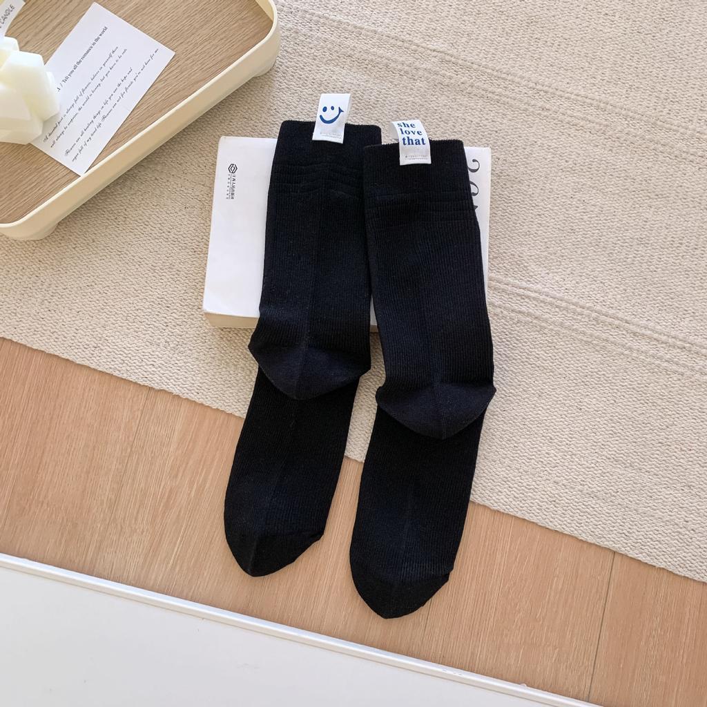 Heel Cloth Label Socks Women'S Tide Simple And Fashionable Smiley Face English Ab Socks Personalized Cotton Stacking Socks