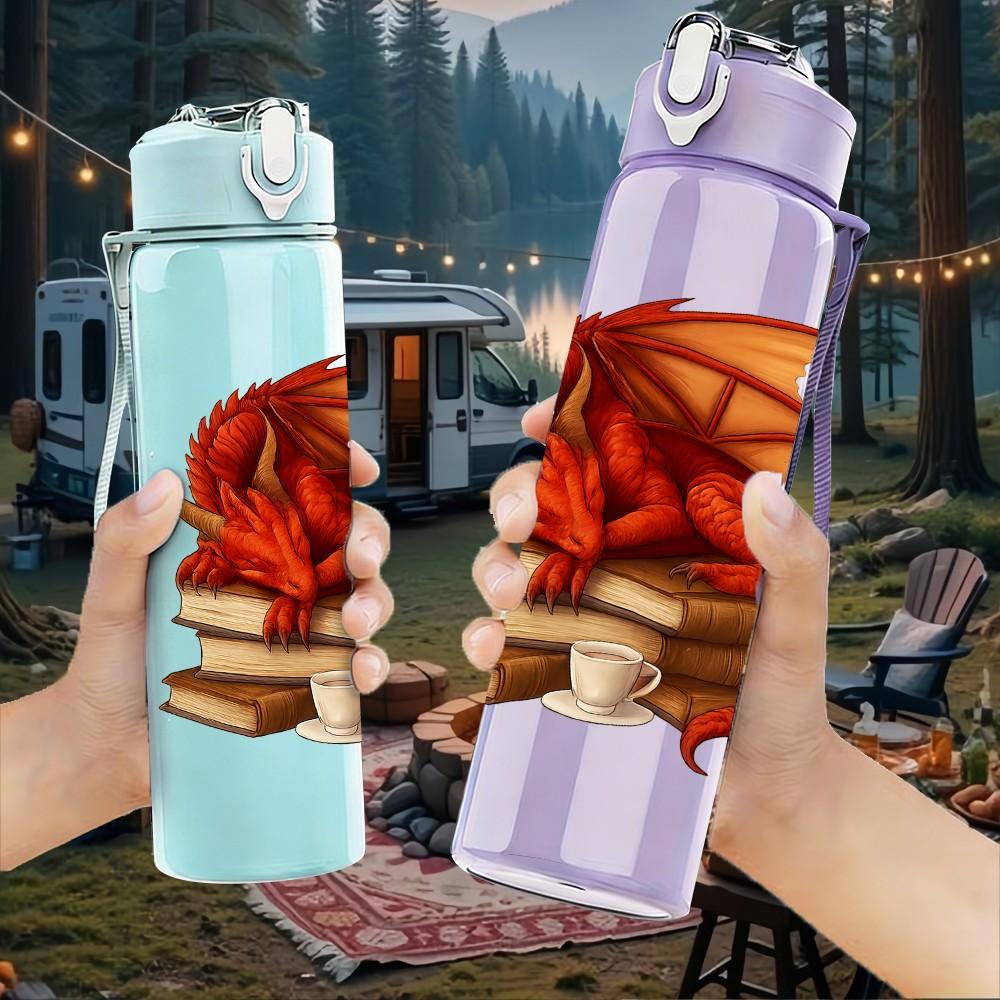 1PC Book Stack Red Dragon Illustration 750ml Color Plastic Sports Water Bottle Leakproof Flip Straw Lid Suitable for Sports Office Home Use