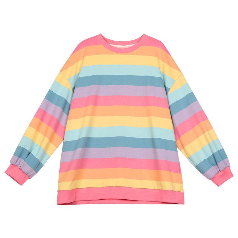 Hoodies Women Kawaii Rainbow Casual Loose Patchwork Harajuku Top Sweatshirt Clothes
