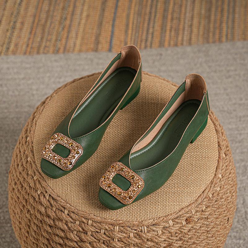 

2025 new evening shoes flat rhinestone square head shallow mouth spring and autumn temperament single shoes black work women s shoes 41