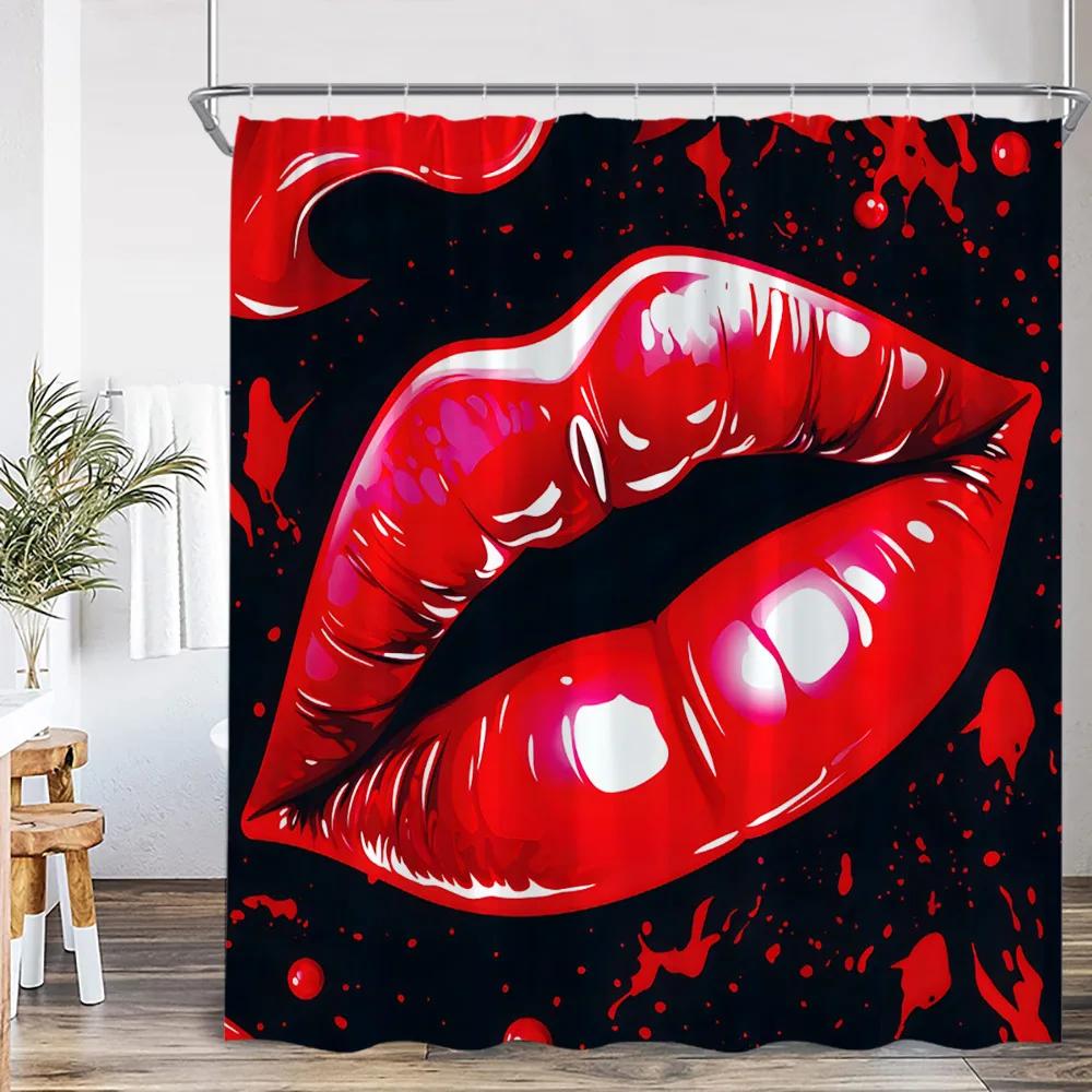 Rote High Heels Duschvorhänge Kosmetik Rote Lippen Rosa Badezimmerdekorationen Modernes Mode-Mädchen Schönheit Badevorhang mit Haken