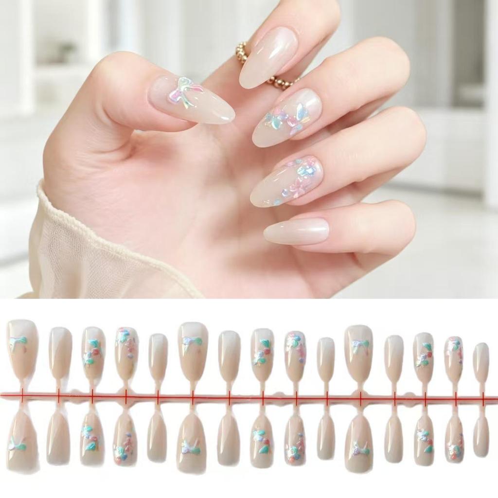 Translucent Cat Eye Almond Short Nails with Whitening Relief Design - Separate Sizes