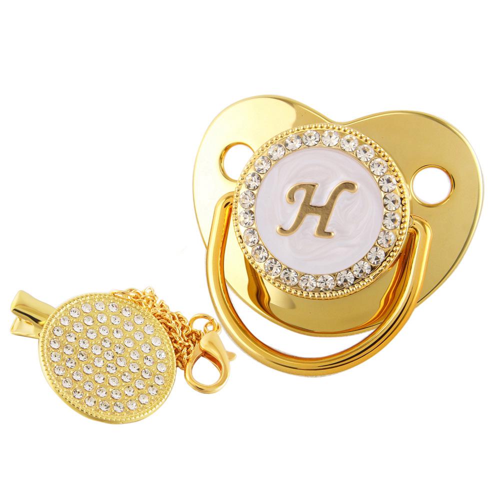 Gold Metal 26-Letter Diamond Baby Pacifier with Chain