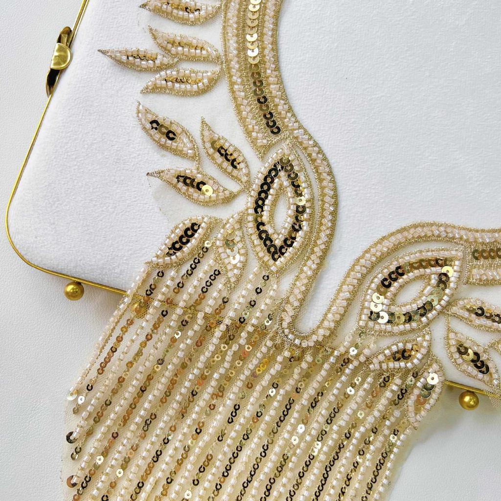 Heavy Industry Gold V-Neck Handmade Beaded Tassel Sequins Front Neck Clothing Evening Dress Decorative Cloth Stickers Accessories