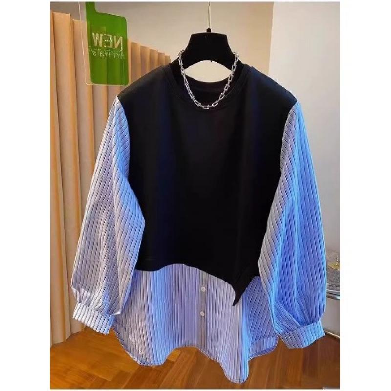 Damen Übergröße Gestreiftes Zwei-in-Eins Sweatshirt - Schlankmachendes Langarm-Oberteil für den frühen Herbst 2025