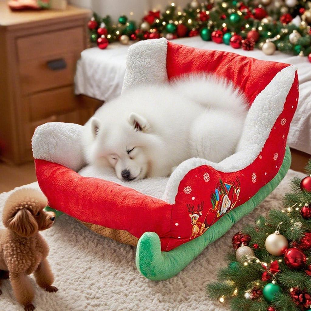 Christmas Sleigh Pet Bed Plush Cozy Washable Dog Cat Bed Holiday Themed Pet Nest for Puppy Kitten Winter Christmas Decoration
