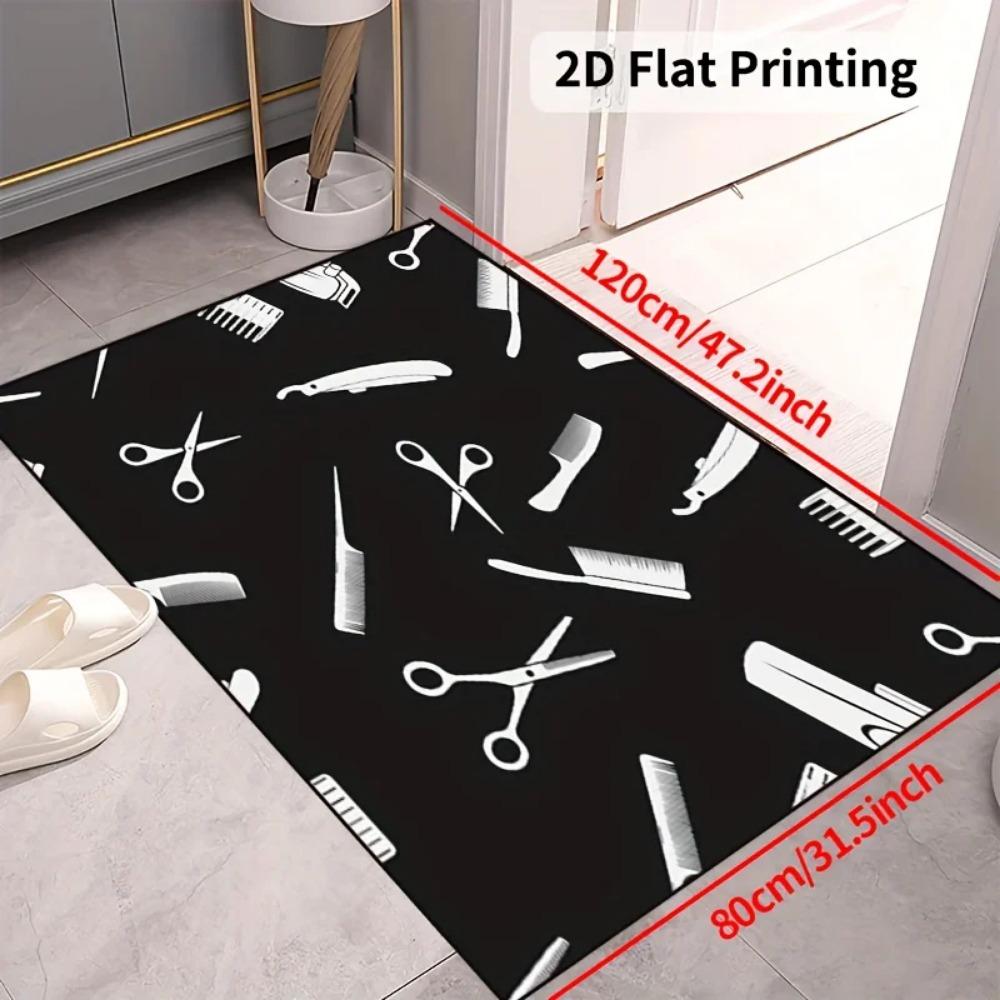 Barber Shop Tool Mat - Scissors & Comb Pattern Rug for Living Room, Hair Salon & Bedroom, Machine Washable Decor Carpet