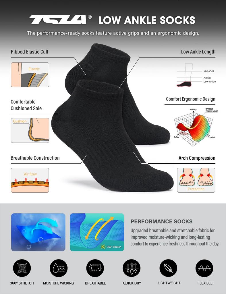 Tesla JPB Sports Casual Set for Men and Sneaker Socks, Unisex, Antibacterial, Odor-Resistant, Sweat-Wicking, Quick-Drying, Ankle-Covered, Cushioned,