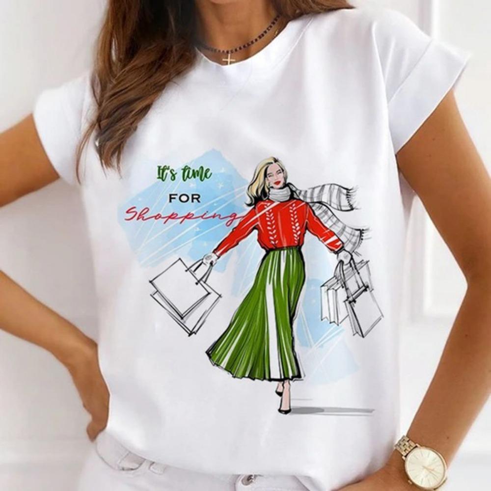 

Europe and The United States Casual Women s Round Neck T-shirt Breathable Fashion Printed Girls Short Sleeve Base Shirt 4XL