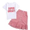 Summer Clothes Kids Girls Outfit Children Cotton Short Letter T Shirt + Split Plaid Skirts