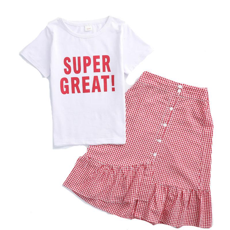 Summer Clothes Kids Girls Outfit Children Cotton Short Letter T Shirt + Split Plaid Skirts