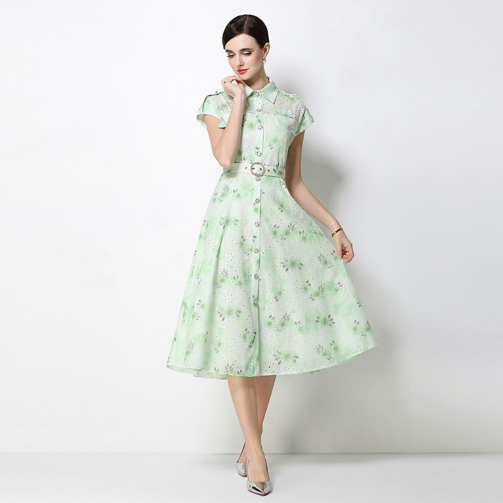 Gentle Pink Green and Yellow Embroidered Print Drop-Shoulder Shirt Dress for Women Summer Button-Down Belt Slim Midi Dress