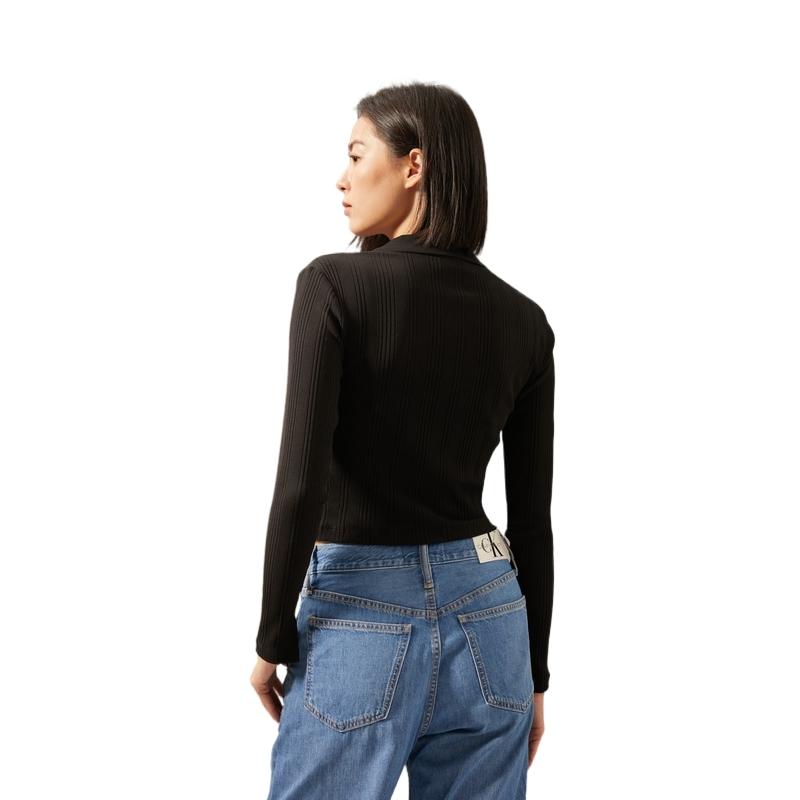 Calvin Klein Minimalist Embroidered Slim Fit Polo Neck Long Sleeve T-Shirt Women Tops Space-Black J224946
